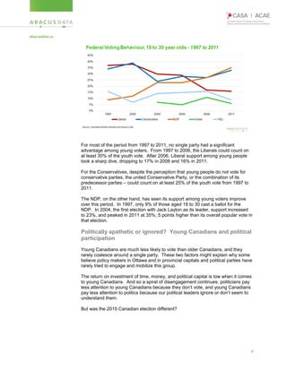 9
For most of the period from 1997 to 2011, no single party had a significant
advantage among young voters. From 1997 to 2006, the Liberals could count on
at least 30% of the youth vote. After 2006, Liberal support among young people
took a sharp dive, dropping to 17% in 2008 and 16% in 2011.
For the Conservatives, despite the perception that young people do not vote for
conservative parties, the united Conservative Party, or the combination of its
predecessor parties – could count on at least 25% of the youth vote from 1997 to
2011.
The NDP, on the other hand, has seen its support among young voters improve
over this period. In 1997, only 9% of those aged 18 to 30 cast a ballot for the
NDP. In 2004, the first election with Jack Layton as its leader, support increased
to 23%, and peaked in 2011 at 35%; 5 points higher than its overall popular vote in
that election.
Politically apathetic or ignored? Young Canadians and political
participation
Young Canadians are much less likely to vote than older Canadians, and they
rarely coalesce around a single party. These two factors might explain why some
believe policy makers in Ottawa and in provincial capitals and political parties have
rarely tried to engage and mobilize this group.
The return on investment of time, money, and political capital is low when it comes
to young Canadians. And so a spiral of disengagement continues: politicians pay
less attention to young Canadians because they don’t vote, and young Canadians
pay less attention to politics because our political leaders ignore or don’t seem to
understand them.
But was the 2015 Canadian election different?
 