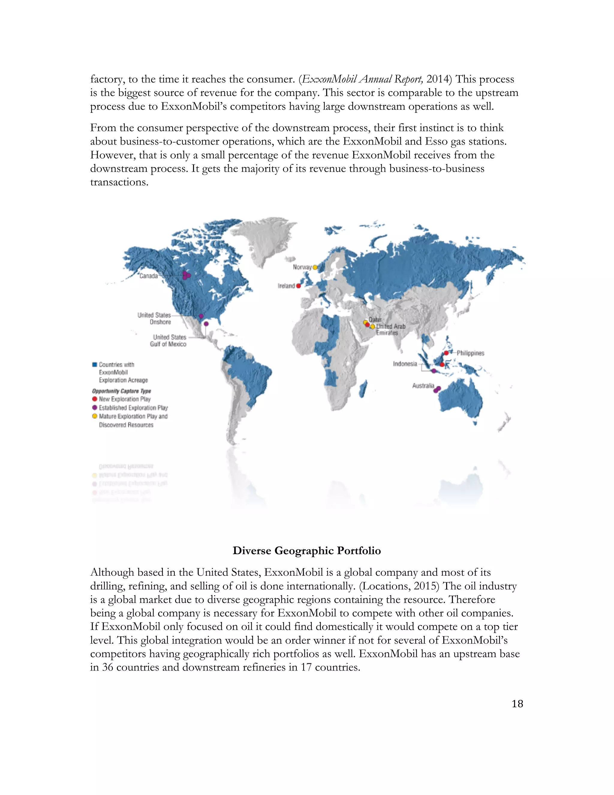 18	
  
	
  
factory, to the time it reaches the consumer. (ExxonMobil Annual Report, 2014) This process
is the biggest source of revenue for the company. This sector is comparable to the upstream
process due to ExxonMobil’s competitors having large downstream operations as well.
From the consumer perspective of the downstream process, their first instinct is to think
about business-to-customer operations, which are the ExxonMobil and Esso gas stations.
However, that is only a small percentage of the revenue ExxonMobil receives from the
downstream process. It gets the majority of its revenue through business-to-business
transactions.
Diverse Geographic Portfolio
Although based in the United States, ExxonMobil is a global company and most of its
drilling, refining, and selling of oil is done internationally. (Locations, 2015) The oil industry
is a global market due to diverse geographic regions containing the resource. Therefore
being a global company is necessary for ExxonMobil to compete with other oil companies.
If ExxonMobil only focused on oil it could find domestically it would compete on a top tier
level. This global integration would be an order winner if not for several of ExxonMobil’s
competitors having geographically rich portfolios as well. ExxonMobil has an upstream base
in 36 countries and downstream refineries in 17 countries.
 