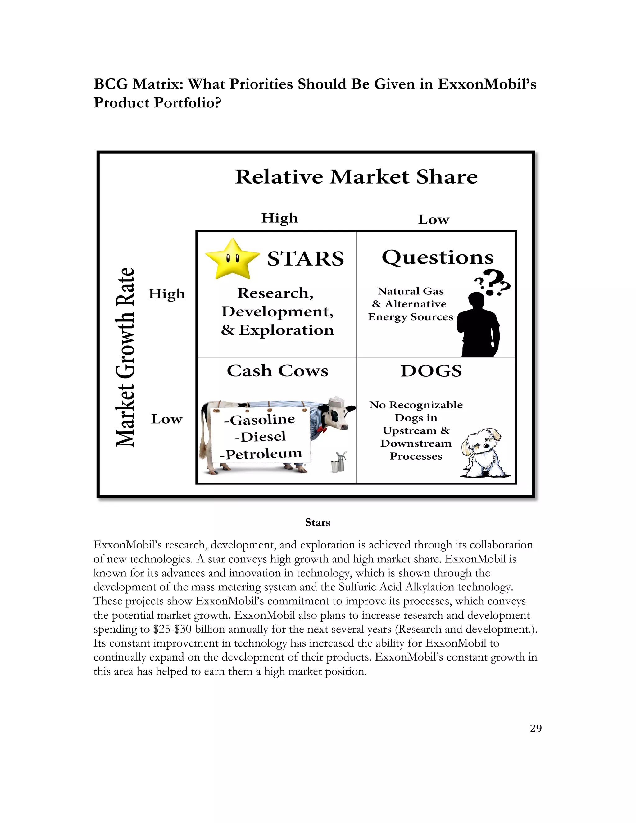 29	
  
	
  
BCG Matrix: What Priorities Should Be Given in ExxonMobil’s
Product Portfolio?
Stars
ExxonMobil’s research, development, and exploration is achieved through its collaboration
of new technologies. A star conveys high growth and high market share. ExxonMobil is
known for its advances and innovation in technology, which is shown through the
development of the mass metering system and the Sulfuric Acid Alkylation technology.
These projects show ExxonMobil’s commitment to improve its processes, which conveys
the potential market growth. ExxonMobil also plans to increase research and development
spending to $25-$30 billion annually for the next several years (Research and development.).
Its constant improvement in technology has increased the ability for ExxonMobil to
continually expand on the development of their products. ExxonMobil’s constant growth in
this area has helped to earn them a high market position.
 