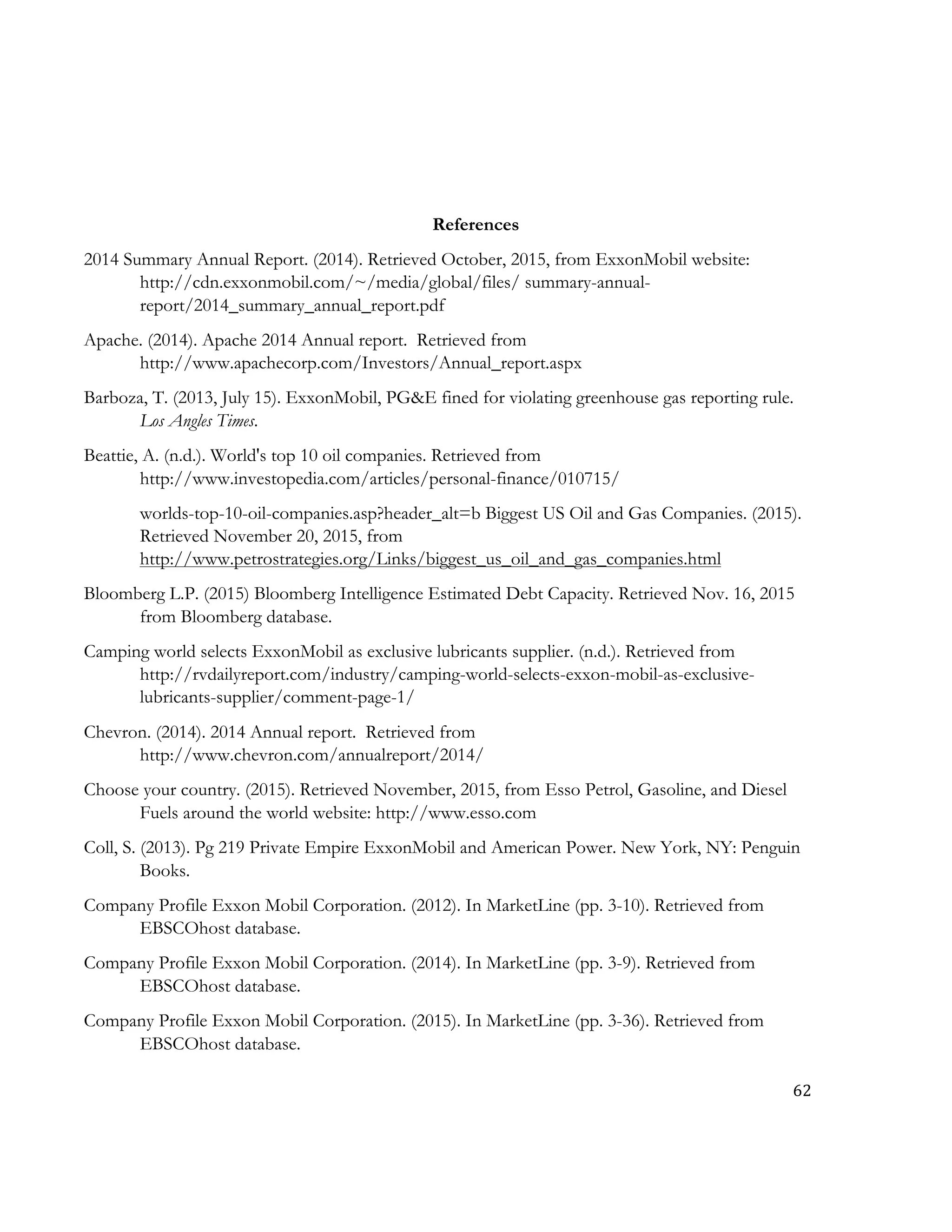 62	
  
	
  
References
2014 Summary Annual Report. (2014). Retrieved October, 2015, from ExxonMobil website:
http://cdn.exxonmobil.com/~/media/global/files/ summary-annual-
report/2014_summary_annual_report.pdf
Apache. (2014). Apache 2014 Annual report. Retrieved from
http://www.apachecorp.com/Investors/Annual_report.aspx
Barboza, T. (2013, July 15). ExxonMobil, PG&E fined for violating greenhouse gas reporting rule.
Los Angles Times.
Beattie, A. (n.d.). World's top 10 oil companies. Retrieved from
http://www.investopedia.com/articles/personal-finance/010715/
worlds-top-10-oil-companies.asp?header_alt=b Biggest US Oil and Gas Companies. (2015).
Retrieved November 20, 2015, from
http://www.petrostrategies.org/Links/biggest_us_oil_and_gas_companies.html
Bloomberg L.P. (2015) Bloomberg Intelligence Estimated Debt Capacity. Retrieved Nov. 16, 2015
from Bloomberg database.
Camping world selects ExxonMobil as exclusive lubricants supplier. (n.d.). Retrieved from
http://rvdailyreport.com/industry/camping-world-selects-exxon-mobil-as-exclusive-
lubricants-supplier/comment-page-1/
Chevron. (2014). 2014 Annual report. Retrieved from
http://www.chevron.com/annualreport/2014/
Choose your country. (2015). Retrieved November, 2015, from Esso Petrol, Gasoline, and Diesel
Fuels around the world website: http://www.esso.com
Coll, S. (2013). Pg 219 Private Empire ExxonMobil and American Power. New York, NY: Penguin
Books.
Company Profile Exxon Mobil Corporation. (2012). In MarketLine (pp. 3-10). Retrieved from
EBSCOhost database.
Company Profile Exxon Mobil Corporation. (2014). In MarketLine (pp. 3-9). Retrieved from
EBSCOhost database.
Company Profile Exxon Mobil Corporation. (2015). In MarketLine (pp. 3-36). Retrieved from
EBSCOhost database.
 