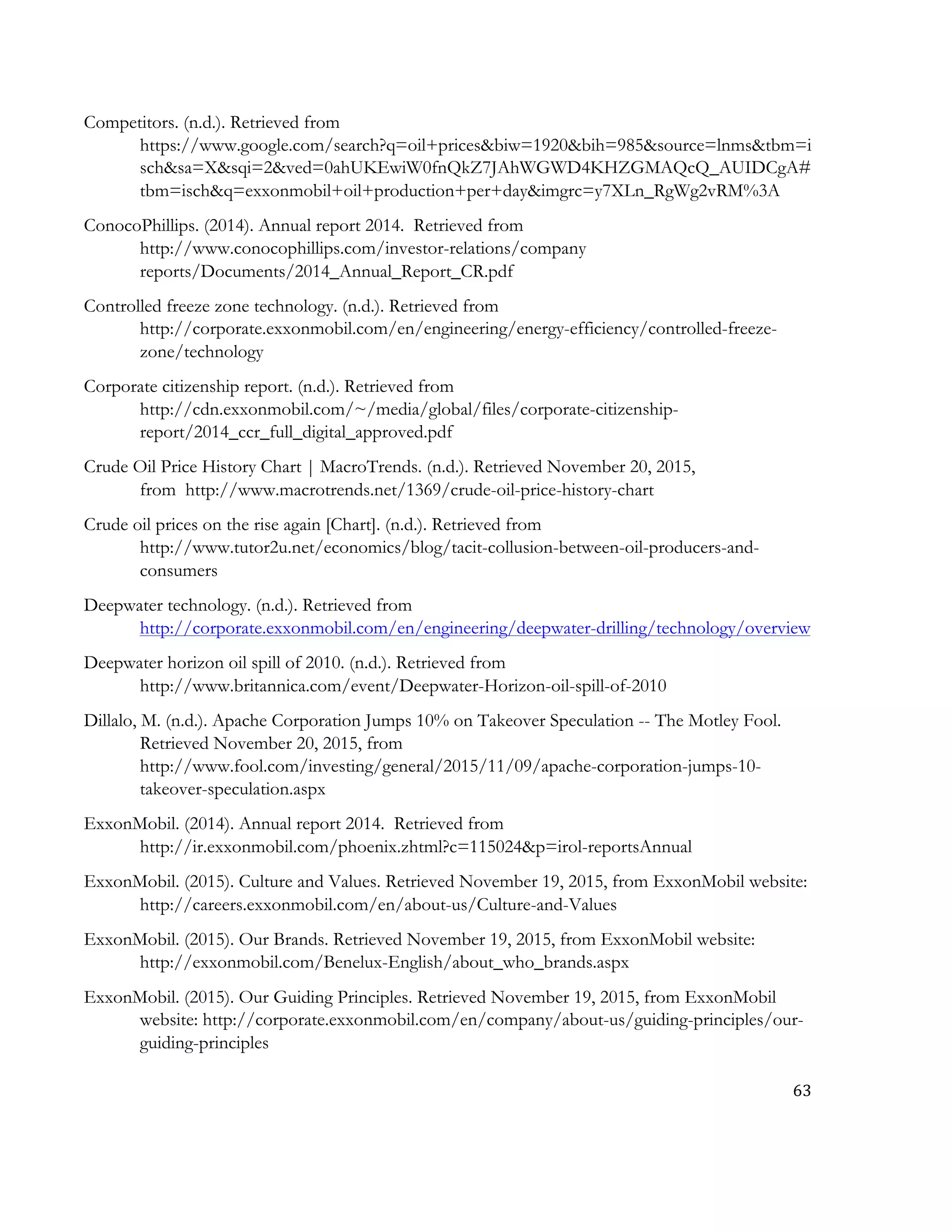 63	
  
	
  
Competitors. (n.d.). Retrieved from
https://www.google.com/search?q=oil+prices&biw=1920&bih=985&source=lnms&tbm=i
sch&sa=X&sqi=2&ved=0ahUKEwiW0fnQkZ7JAhWGWD4KHZGMAQcQ_AUIDCgA#
tbm=isch&q=exxonmobil+oil+production+per+day&imgrc=y7XLn_RgWg2vRM%3A
ConocoPhillips. (2014). Annual report 2014. Retrieved from
http://www.conocophillips.com/investor-relations/company
reports/Documents/2014_Annual_Report_CR.pdf
Controlled freeze zone technology. (n.d.). Retrieved from
http://corporate.exxonmobil.com/en/engineering/energy-efficiency/controlled-freeze-
zone/technology
Corporate citizenship report. (n.d.). Retrieved from
http://cdn.exxonmobil.com/~/media/global/files/corporate-citizenship-
report/2014_ccr_full_digital_approved.pdf
Crude Oil Price History Chart | MacroTrends. (n.d.). Retrieved November 20, 2015,
from http://www.macrotrends.net/1369/crude-oil-price-history-chart
Crude oil prices on the rise again [Chart]. (n.d.). Retrieved from
http://www.tutor2u.net/economics/blog/tacit-collusion-between-oil-producers-and-
consumers
Deepwater technology. (n.d.). Retrieved from
http://corporate.exxonmobil.com/en/engineering/deepwater-drilling/technology/overview
Deepwater horizon oil spill of 2010. (n.d.). Retrieved from
http://www.britannica.com/event/Deepwater-Horizon-oil-spill-of-2010
Dillalo, M. (n.d.). Apache Corporation Jumps 10% on Takeover Speculation -- The Motley Fool.
Retrieved November 20, 2015, from
http://www.fool.com/investing/general/2015/11/09/apache-corporation-jumps-10-
takeover-speculation.aspx
ExxonMobil. (2014). Annual report 2014. Retrieved from
http://ir.exxonmobil.com/phoenix.zhtml?c=115024&p=irol-reportsAnnual
ExxonMobil. (2015). Culture and Values. Retrieved November 19, 2015, from ExxonMobil website:
http://careers.exxonmobil.com/en/about-us/Culture-and-Values
ExxonMobil. (2015). Our Brands. Retrieved November 19, 2015, from ExxonMobil website:
http://exxonmobil.com/Benelux-English/about_who_brands.aspx
ExxonMobil. (2015). Our Guiding Principles. Retrieved November 19, 2015, from ExxonMobil
website: http://corporate.exxonmobil.com/en/company/about-us/guiding-principles/our-
guiding-principles
 