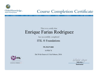 Enrique Farias Rodriguez
ITIL ® Foundations
ITIL R.E.P 2626
18 PDU’S
Del 30 de Enero al 13 de Febrero, 2016
Italia Anzo
Instructor
 