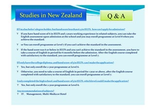 Q & A
IfI‘mabachelor’sdegreeholder,butbandscorelessthan6.5inIELTS, howcanIapplyforadmission?
Y If you have band score of 6 in IELTS and 2 years working experience in related subjects, you can take the
English assessment upon admission at the school and you may enroll programme at Level 8 when you
achieve the standard.
Y or You can enroll programme at Level 7 if you can’t achieve the standard in the assessment.
Y If the band score was 6 or below in IELTS and you can’t achieve the standard in the assessment, you have to
take a course of English in period for 6 months before the admission. After the English course completed
with satisfactory to the standard, you can enroll programme at Level 7.
IfIonlyhavethecollegediploma,andbandscore of5inIELTS,canImaketheapplication?
Y Yes, but only enroll the 2-year programme at Level 6.
Y Otherwise, you need to take a course of English in period for 1 year or above, after the English course
completed with satisfactory to the standard, you can enroll programme at Level 7.
Ionlycompletedthehighschool,andbandscore of5inIELTS,whichlevelcouldImaketheapplication?
Y Yes, but only enroll the 2-year programme at Level 6.
Anyrecommendationofsubjects?
Y IT ，Management, Multi-Media or Hotel
 