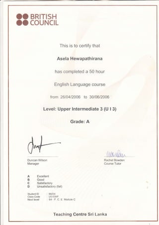 OO BRITISH
oocouNcll
This is to certify that
Asela Hewapathirana
has completed a 50 hour
English Language course
from 261A412A06 to 30/06/2006
Level: Upper lntermediate 3 (U I 3)
Grade: A
Duncan Wilson
Manager
Rachel Bowden
Course Tutor
A Excellent
B Good
C Satisfactory
D Unsatisfactory (fail)
Student lD : 89254
Class Code : U|3-EWF
Next level : 64 - F. C E. lModule C
Teaehing Gentre Sri kanka
 