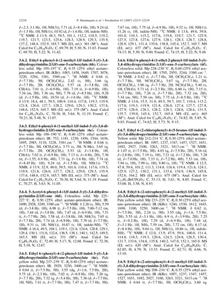J¼2.3, 3.1 Hz, 1H, NH(3)), 7.71 (d, J¼8.4 Hz, 1H), 9.24 (d,
J¼1.5 Hz, 1H, NH(1)), 10.92 (d, J¼1.6 Hz, 1H, indole-NH).
13
C NMR: d 13.9, 48.3, 59.5, 101.1, 112.2, 118.5, 119.2,
119.7, 121.7, 123.5, 125.6, 128.3, 128.9, 129.3, 135.9,
137.2, 148.4, 152.9, 165.7. MS (EI, m/z): 361 (M+
). Anal.
Calcd for C21H19N3O3: C, 69.79; H, 5.30; N, 11.63. Found:
C, 69.70; H, 5.22; N, 11.42.
3.6.2. Ethyl 6-phenyl-4-(2-methyl-1H-indol-3-yl)-3,4-
dihydropyrimidin-2(1H)-one-5-carboxylate (6b). Colour-
less solid. Mp 195–197 
C. Rf 0.35 (25% ethyl acetate–
petroleum ether). IR (KBr): 1083, 1458, 1649, 1707, 3078,
3220, 3294, 3381, 3589 cmÀ1
. 1
H NMR: d 0.68 (t,
J¼7.7 Hz, 3H, OCH2CH3), 2.42 (s, 3H), 3.66 (q,
J¼7.7 Hz, 2H, OCH2CH3), 5.57 (d, J¼3.8 Hz, 1H,
CH(4)), 7.01 (t, J¼6.9 Hz, 1H), 7.19 (t, J¼6.9 Hz, 1H),
7.34 (m, 2H), 7.36 (m, 5H), 7.78 (d, J¼8.5 Hz, 1H), 9.28
(d, J¼1.5 Hz, 1H), 10.54 (d, J¼1.6 Hz, 1H). 13
C NMR:
d 13.9, 18.4, 48.1, 59.5, 100.9, 110.4, 117.6, 119.3, 119.9,
121.8, 126.0, 127.7, 128.2, 129.0, 129.3, 130.2, 137.6,
148.6, 152.9, 165.7. MS (EI, m/z): 375 (M+
). Anal. Calcd
for C22H21N3O3: C, 70.38; H, 5.64; N, 11.19. Found: C,
70.21; H, 5.48; N, 11.07.
3.6.3. Ethyl 6-phenyl-4-(1-methyl-1H-indol-3-yl)-3,4-di-
hydropyrimidin-2(1H)-one-5-carboxylate (6c). Colour-
less solid. Mp 188–190 
C. Rf 0.40 (25% ethyl acetate–
petroleum ether). IR: 752, 1181, 1230, 1456, 1544, 1636,
1695, 2985, 3110, 3228, 3381 cmÀ1
. 1
H NMR: d 0.66 (t,
J¼7.7 Hz, 3H, OCH2CH3), 3.73 (s, 3H, N-Me), 3.65 (q,
J¼7.7 Hz, 2H, OCH2CH3), 5.53 (d, J¼3.8 Hz, 1H,
CH(4)), 7.02 (t, J¼6.9 Hz, 1H), 7.13 (t, J¼4 Hz, 2H), 7.36
(tt, J¼1.55, 6.9 Hz, 4H), 7.71 (q, J¼1.6 Hz, 1H), 7.74 (d,
J¼8.45 Hz, 1H), 9.24 (d, J¼1.5 Hz, 1H, NH(1)). 13
C
NMR: d 13.9, 32.9, 48.0, 59.5, 101.0, 110.4, 117.6, 119.3,
119.9, 121.8, 126.0, 127.7, 128.2, 129.0, 129.3, 135.9,
137.6, 148.6, 152.9, 165.7. MS (EI, m/z): 375 (M+
). Anal.
Calcd for C22H21N3O3: C, 70.38; H, 5.64; N, 11.19. Found:
C, 70.27; H, 5.63; N, 11.05.
3.6.4. 5-Acetyl-6-phenyl-4-(1H-indol-3-yl)-3,4-dihydro-
pyrimidin-2(1H)-one (6d). Colourless solid. Mp 225–
227 
C. Rf 0.30 (25% ethyl acetate–petroleum ether). IR:
1690, 2928, 3249, 3380 cmÀ1
. 1
H NMR: d 2.26 (s, 3H), 5.59
(d, J¼3.8 Hz, 1H), 6.98 (t, J¼7.5 Hz, 1H), 7.00–7.12 (m,
1H), 7.44 (d, J¼3.8 Hz, 1H), 7.47 (d, J¼6.9 Hz, 1H), 7.51
(t, J¼7.7 Hz, 2H), 7.58 (d, J¼3.8 Hz, 1H, NH(3)), 7.65 (t,
J¼7.7 Hz, 2H), 7.74 (d, J¼6.9 Hz, 1H), 7.79 (d, J¼7.7 Hz,
1H), 9.31 (s, 1H, NH(1)), 10.87 (s, 1H, indole-NH). 13
C
NMR: d 16.4, 49.5, 104.1, 119.1, 121.6, 124.6, 128.8, 129.1,
129.4, 130.1, 131.6, 132.6, 136.5, 138.1, 140.1, 142.5, 149.5,
163.3. MS (EI, m/z): 331 (M+
). Anal. Calcd for
C20H17N3O2: C, 72.49; H, 5.17; N, 12.68. Found: C, 72.38;
H, 5.18; N, 12.67.
3.6.5. Ethyl 6-(phenyl)-4-(2-phenyl-1H-indol-3-yl)-3,4-
dihydropyrimidin-2(1H)-one-5-carboxylate (6e). Pale
yellow solid. Mp 237–239 
C. Rf 0.40 (25% ethyl acetate–
petroleum ether). IR: 2929, 3250, 3400 cmÀ1
. 1
H NMR:
d 0.64 (t, J¼7.5 Hz, 3H), 3.55 (dq, J¼1.6, 7.5 Hz, 2H),
5.75 (d, J¼2.3 Hz, 1H), 7.02 (t, J¼6.9 Hz, 1H), 7.20 (q,
J¼7.7 Hz, 2H), 7.32 (q, J¼5.4 Hz, 3H), 7.36 (d, J¼7.7 Hz,
1H, NH), 7.41 (t, J¼7.7 Hz, 3H), 7.47 (t, J¼7.7 Hz, 3H),
7.67 (m, 1H), 7.75 (d, J¼6.9 Hz, 1H), 9.32 (s, 1H, NH(1)),
11.26 (s, 1H, indole-NH). 13
C NMR: d 13.6, 49.6, 59.8,
101.0, 110.3, 115.2, 117.6, 119.8, 119.7, 121.7, 125.9,
127.5, 127.8, 127.6, 127.9, 128.1, 128.3, 128.7, 128.8,
128.9, 129.1, 131.4, 135.6, 138.8, 145.4, 152.7, 165.7. MS
(EI, m/z): 437 (M+
). Anal. Calcd for C27H23N3O3: C,
74.13; H, 5.30; N, 9.60. Found: C, 74.15; H, 5.22; N, 9.48.
3.6.6. Ethyl 6-phenyl-4-(1-ethyl-2-phenyl-1H-indol-3-yl)-
3,4-dihydropyrimidin-2(1H)-one-5-carboxylate (6f).
Colourless solid. Mp 228–230 
C. Rf 0.60 (25% ethyl ace-
tate–petroleum ether). IR: 1705, 2955, 3244, 3380 cmÀ1
.
1
H NMR: d 0.62 (t, J¼7.7 Hz, 3H, OCH2CH3), 1.21 (t,
J¼7.7 Hz, 3H, NCH2CH3), 3.67 (q, J¼7.7 Hz, 2H,
OCH2CH3), 3.96 (q, J¼7.7 Hz, 2H, NCH2CH3), 5.40 (s,
1H, CH(4)), 5.71 (d, J¼2.3 Hz, 1H), 6.86 (s, 1H), 7.15 (t,
J¼7.7 Hz, 1H), 7.26 (t, J¼7.7 Hz, 2H), 7.32 (m, 2H),
7.34 (m, 5H), 7.50 (m, 3H), 7.75 (d, J¼8.5 Hz, 1H). 13
C
NMR: d 13.6, 15.5, 31.0, 49.5, 59.7, 101.7, 110.4, 115.2,
117.6, 119.3, 119.9, 121.8, 126.0, 127.4, 127.7, 127.8,
127.9, 128.0, 128.1, 128.2, 128.3, 128.6, 128.6, 131.5,
135.7, 139.0, 145.4, 152.7, 165.4. MS (EI, m/z): 465
(M+
). Anal. Calcd for C29H27N3O3: C, 74.82; H, 5.85; N,
9.03. Found: C, 74.62; H, 5.73; N, 9.15.
3.6.7. Ethyl 6-(2-chlorophenyl)-4-(5-bromo-1H-indol-3-
yl)-3,4-dihydropyrimidin-2(1H)-one-5-carboxylate (6g).
Yellow solid. Mp 212–214 
C. Rf 0.30 (25% ethyl acetate–
petroleum ether). IR: 1097, 1237, 1347, 1457, 1527, 1651,
1692, 2927, 3100, 3263, 3321, 3413 cmÀ1
. 1
H NMR:
d 1.07 (t, J¼7.5 Hz, 3H), 4.03 (q, J¼7.5 Hz, 2H), 5.16 (d,
J¼2.8 Hz, 1H), 7.19 (s, 1H), 7.21 (d, J¼7.2 Hz, 1H), 7.28
(d, J¼7.0 Hz, 1H), 7.33 (t, J¼7.2 Hz, 4H), 7.53 (m, 1H),
7.94 (s, 1H), 7.99 (s, 1H), 9.80 (s, 1H). 13
C NMR: d 12.5,
47.8, 59.6, 101.2, 111.3, 114.8, 118.4, 119.4, 121.6, 124.1,
125.9, 127.2, 130.2, 131.1, 133.4, 134.9, 136.9, 145.8,
152.6, 164.2. MS (EI, m/z): 475 (M+
). Anal. Calcd for
C21H17BrClN3O3: C, 53.13; H, 3.61; N, 8.85. Found: C,
53.08; H, 3.58; N, 8.93.
3.6.8. Ethyl 6-(2-nitrophenyl)-4-(2-methyl-1H-indol-3-
yl)-3,4-dihydropyrimidin-2(1H)-one-5-carboxylate (6h).
Pale yellow solid. Mp 233–235 
C. Rf 0.30 (25% ethyl ace-
tate–petroleum ether). IR (KBr): 1240, 1530, 1612, 1645,
1698, 3100, 3250, 3400 cmÀ1
. 1
H NMR: d 0.62 (t,
J¼7.5 Hz, 3H), 2.24 (s, 3H), 3.55 (dq, J¼1.6, 7.5 Hz,
2H), 5.55 (d, J¼3.1 Hz, 1H), 6.9 (t, J¼3.9 Hz, 2H), 7.25
(t, J¼9.2 Hz, 1H), 7.29 (d, J¼6.9 Hz, 1H), 7.48 (d,
J¼3.1 Hz, 1H, NH), 7.59 (m, 2H), 7.72 (m, 1H), 8.17 (d,
J¼8.4 Hz, 1H), 9.64 (s, 1H, NH(1)), 10.86 (s, 1H, indole-
NH). 13
C NMR: d 12.0, 13.9, 47.9, 59.6, 100.0, 111.4,
114.8, 118.5, 119.3, 120.6, 124.3, 124.8, 126.5, 130.4,
131.7, 133.6, 134.6, 135.8, 140.2, 147.0, 152.1, 165.0. MS
(EI, m/z): 420 (M+
). Anal. Calcd for C22H20N4O5: C,
62.85; H, 4.79; N, 13.33. Found: C, 62.71; H, 4.66; N,
13.10.
3.6.9. Ethyl 6-(2-nitrophenyl)-4-(1-methyl-1H-indol-3-
yl)-3,4-dihydropyrimidin-2(1H)-one-5-carboxylate (6i).
Pale yellow solid. Mp 208–210 
C. Rf 0.35 (25% ethyl ace-
tate–petroleum ether). IR (KBr): 1097, 1237, 1347, 1457,
1527, 1651, 1692, 2927, 3100, 3263, 3321, 3413 cmÀ1
. 1
H
NMR: d 0.64 (t, J¼7.7 Hz, 3H, OCH2CH3), 3.60 (q,
12218 P. Shanmugam et al. / Tetrahedron 63 (2007) 12215–12219
 