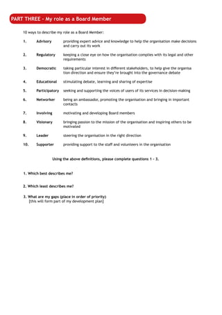 10 ways to describe my role as a Board Member:
1.	 Advisory 	 providing expert advice and knowledge to help the organisation make decisions 	
			 and carry out its work
2.	 Regulatory 	 keeping a close eye on how the organisation complies with its legal and other 	
			requirements
3.	 Democratic 	 taking particular interest in different stakeholders, to help give the organisa	
			 tion direction and ensure they’re brought into the governance debate
4.	 Educational	 stimulating debate, learning and sharing of expertise
5.	Participatory 	 seeking and supporting the voices of users of its services in decision-making
6.	Networker 	 being an ambassador, promoting the organisation and bringing in important 	
			contacts
7.	Involving 	 motivating and developing Board members
8.	Visionary 	 bringing passion to the mission of the organisation and inspiring others to be 	
			motivated
9.	Leader		 steering the organisation in the right direction
10.	Supporter	 providing support to the staff and volunteers in the organisation
PART THREE – My role as a Board Member
Using the above definitions, please complete questions 1 – 3.
3. What are my gaps (place in order of priority)
[this will form part of my development plan]
1. Which best describes me?
2. Which least describes me?
AdvisoryRegulatoryDemocraticEducationalParticipatoryNetworkerInvolvingVisionaryLeaderSupporter
AdvisoryRegulatoryDemocraticEducationalParticipatoryNetworkerInvolvingVisionaryLeaderSupporter
AdvisoryRegulatoryDemocraticEducationalParticipatoryNetworkerInvolvingVisionaryLeaderSupporter
AdvisoryRegulatoryDemocraticEducationalParticipatoryNetworkerInvolvingVisionaryLeaderSupporter
AdvisoryRegulatoryDemocraticEducationalParticipatoryNetworkerInvolvingVisionaryLeaderSupporter
AdvisoryRegulatoryDemocraticEducationalParticipatoryNetworkerInvolvingVisionaryLeaderSupporter
AdvisoryRegulatoryDemocraticEducationalParticipatoryNetworkerInvolvingVisionaryLeaderSupporter
AdvisoryRegulatoryDemocraticEducationalParticipatoryNetworkerInvolvingVisionaryLeaderSupporter
AdvisoryRegulatoryDemocraticEducationalParticipatoryNetworkerInvolvingVisionaryLeaderSupporter
 