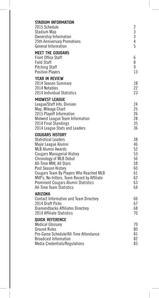 STADIUM INFORMATION
2015 Schedule 2
Stadium Map 3
Ownership Information 3
25th Anniversary Promotions 4
General Information 5
MEET THE COUGARS
Front Office Staff 6
Field Staff 8
Pitching Staff 9
Position Players 13
YEAR IN REVIEW
2014 Season Summary 18
2014 Notables 22
2014 Individual Statistics 23
MIDWEST LEAGUE
League/Staff Info, Division 24
Map, Mileage Chart 25
2015 Playoff Information 26
Midwest League Team Information 28
2014 Final Standings 35
2014 League Stats and Leaders 36
COUGARS HISTORY
Statistical Leaders 38
Major League Alumni 46
MLB Alumni Awards 52
Cougars Managerial History 53
Chronology of MLB Debut 56
All-Time MWL All Stars 58
Post Season History 60
Cougars Team By Players Who Reached MLB 61
MVP’s, No-hitters, Team Record by Affiliate 62
Prominent Cougars Alumni Statistics 63
All-Time Team Statistics 64
Arizona
Contact Information and Team Directory 66
2014 Draft Picks 67
Diamondbacks Affiliates Directory 68
2014 Affiliate Statistics 70
QUICK REFERENCE
Medical Glossary 79
Ground Rules 80
Pre-Game Schedule/All-Time Attendance 81
Broadcast Information 82
Media Credentials/Regulations 83
 