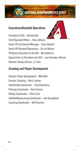 66
Executives/Baseball Operations
President & CEO – Derrick Hall
Chief Baseball Officer – Tony LaRussa
Senior VP and General Manager – Dave Stewart
Senior VP, Baseball Operations – De Jon Watson
VP/Special Assistant to the GM – Bob Gebhard
Special Asst. to President and CEO – Luis Gonzalez, Roland
Hemond, Randy Johnson. J.J. Putz
Scouting and Player Development
Director, Player Development – Mike Bell
Director, Scouting – Deric Ladnier
Field/Infield Coordinator – Tony Perezchica
Pitching Coordinator – Dan Carlson
Hitting Coordinator – Chris Cron
Outfield/Baserunning Coordinator – Joel Youngblood
Catching Coordinator – Bill Plummer
Arizona Diamondbacks STAFF
 