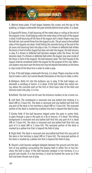 1. Behind home plate: If ball lodges between the screen and the top of the
padding, or lodges underneath the gate directly behind home plate, it is dead.
2. Dugouts/Pit Areas: A ball bouncing off the metal steps or railing at the end of
the dugouts is live. A ball lodging under the metal steps at the ends of the dugout
is dead. A ball bouncing off the face of the dugout roof is dead. Players may carry
the ball into, but cannot throw from the dugout or pits. The pit areas to the outfield
sides of the dugouts are dead. A ball hitting the concrete facing at the end of the
pit areas and bouncing back into play is live. If a thrown or deflected ball strikes
the fence in front of either dugout but does not enter the dugout, the ball remains
in play. If a thrown or deflected ball becomes wedged under the fence, the ball
becomes dead. If a thrown or deflected ball enters the dugout (any area inside of
the fence in front of the dugout), the ball becomes dead. The front façade of the
dugout shall be considered within the dugout for the purpose of this rule. Defen-
sive players may reach over the fence but may not elevate themselves on the fence
or step inside of the fence line in order to make a play.
3. Tarp: If the ball lodges underneath the tarp, it is dead. Players may lean on the
tarp to make a catch, but cannot elevate themselves on the tarp to make a catch.
4. Bullpens: Balls hit into the bullpens are in play. If the ball lodges un-
derneath a sandbag or bench, it is dead. If the ball strikes the metal rail-
ing above the concrete wall on the first or third base side of the field and
bounces back into play, it is live.
5.Outfield: The ball must be hit over the distance markers to be a home run.
6. Left field: The scoreboard is recessed and any batted ball striking it is
dead (HR or 2 base hit). The deck is recessed and any batted ball that hits
any part of the deck in fair territory is dead (HR or 2 base hit). The recessed
portion of the deck is marked by a yellow line that is beyond the field of play.
7. Center field: If the ball becomes lodged under the gate in center field,
or goes through a gap in the gate on a fly or bounce, it is dead. The hitting
background is recessed and any batted ball that hits any part of it is dead
(HR or 2 base hit). The deck is recessed and any batted ball that hits any
part of it is dead (HR or 2 base hit). The recessed portion of the deck is
marked by a yellow line that is beyond the field of play.
8. Right field: The deck is recessed and any batted ball that hits any part of
the deck in fair territory is dead (HR or 2 base hit). The recessed portion of
the deck is marked by a yellow line that is beyond the field of play.
9. Should a ball become wedged (lodged) between the ground and the bot-
tom of any padding surrounding the playing field in either fair or foul ter-
ritory, the ball is dead. If the ball becomes wedged in fair territory, it is a
ground rule double. If in foul territory, it shall be treated the same as if the
ball had been thrown out of play.
80
Ground Rules
 