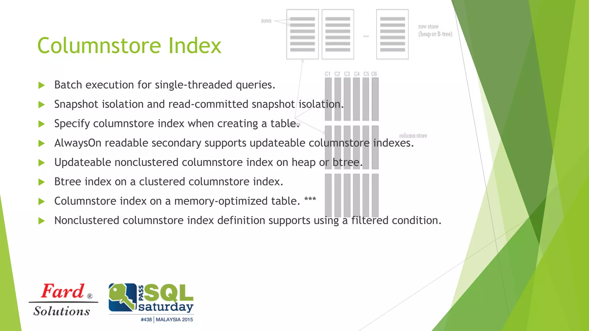 Columnstore Index
 Batch execution for single-threaded queries.
 Snapshot isolation and read-committed snapshot isolation.
 Specify columnstore index when creating a table.
 AlwaysOn readable secondary supports updateable columnstore indexes.
 Updateable nonclustered columnstore index on heap or btree.
 Btree index on a clustered columnstore index.
 Columnstore index on a memory-optimized table. ***
 Nonclustered columnstore index definition supports using a filtered condition.
 