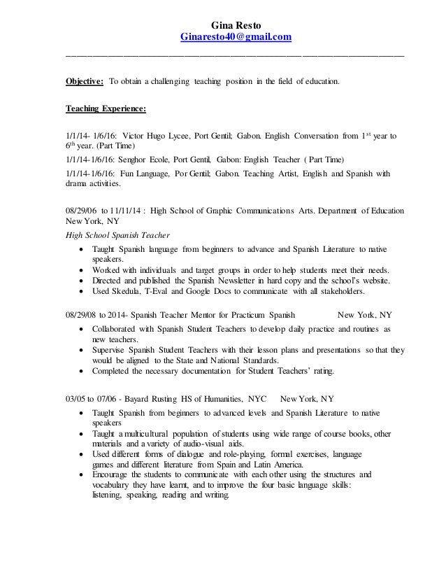teaching resume 2017 spanish teacher resumes
