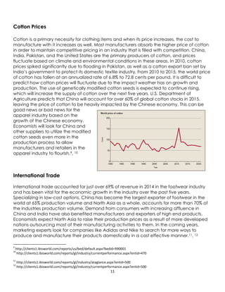 11
Cotton Prices
Cotton is a primary necessity for clothing items and when its price increases, the cost to
manufacture with it increases as well. Most manufacturers absorb the higher price of cotton
in order to maintain competitive pricing in an industry that is filled with competition. China,
India, Pakistan, and the United States are the primary producers of cotton, and prices
fluctuate based on climate and environmental conditions in these areas. In 2010, cotton
prices spiked significantly due to flooding in Pakistan, as well as a cotton export ban set by
India’s government to protect its domestic textile industry. From 2010 to 2015, the world price
of cotton has fallen at an annualized rate of 6.8% to 72.8 cents per pound. It is difficult to
predict how cotton prices will fluctuate due to the impact weather has on growth and
production. The use of genetically modified cotton seeds is expected to continue rising,
which will increase the supply of cotton over the next five years. U.S. Department of
Agriculture predicts that China will account for over 60% of global cotton stocks in 2015,
leaving the price of cotton to be heavily impacted by the Chinese economy. This can be
good news or bad news for the
apparel industry based on the
growth of the Chinese economy.
Economists will look for China and
other suppliers to utilize the modified
cotton seeds even more in the
production process to allow
manufacturers and retailers in the
apparel industry to flourish.9, 10
International Trade
International trade accounted for just over 69% of revenue in 2014 in the footwear industry
and has been vital for the economic growth in the industry over the past five years.
Specializing in low-cost options, China has become the largest exporter of footwear in the
world at 65% production volume and North Asia as a whole, accounts for more than 70% of
the industries production volume. Demand from consumers with increasing affluence in
China and India have also benefited manufacturers and exporters of high end products.
Economists expect North Asia to raise their production prices as a result of more developed
nations outsourcing most of their manufacturing activities to them. In the coming years,
marketing experts look for companies like Adidas and Nike to search for more ways to
produce and manufacture their products domestically in a cost effective manner.11, 12
9
http://clients1.ibisworld.com/reports/us/bed/default.aspx?bedid=990001
10
http://clients1.ibisworld.com/reports/gl/industry/currentperformance.aspx?entid=470
11
http://clients1.ibisworld.com/reports/gl/industry/ataglance.aspx?entid=500
12
http://clients1.ibisworld.com/reports/gl/industry/currentperformance.aspx?entid=500
 
