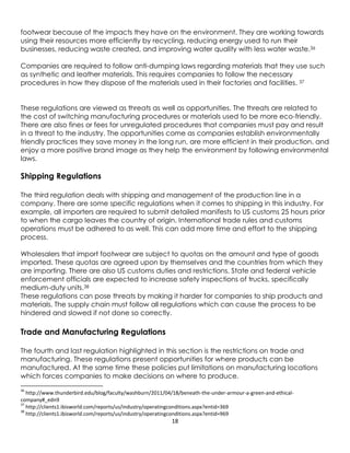 18
footwear because of the impacts they have on the environment. They are working towards
using their resources more efficiently by recycling, reducing energy used to run their
businesses, reducing waste created, and improving water quality with less water waste.36
Companies are required to follow anti-dumping laws regarding materials that they use such
as synthetic and leather materials. This requires companies to follow the necessary
procedures in how they dispose of the materials used in their factories and facilities. 37
These regulations are viewed as threats as well as opportunities. The threats are related to
the cost of switching manufacturing procedures or materials used to be more eco-friendly.
There are also fines or fees for unregulated procedures that companies must pay and result
in a threat to the industry. The opportunities come as companies establish environmentally
friendly practices they save money in the long run, are more efficient in their production, and
enjoy a more positive brand image as they help the environment by following environmental
laws.
Shipping Regulations
The third regulation deals with shipping and management of the production line in a
company. There are some specific regulations when it comes to shipping in this industry. For
example, all importers are required to submit detailed manifests to US customs 25 hours prior
to when the cargo leaves the country of origin. International trade rules and customs
operations must be adhered to as well. This can add more time and effort to the shipping
process.
Wholesalers that import footwear are subject to quotas on the amount and type of goods
imported. These quotas are agreed upon by themselves and the countries from which they
are importing. There are also US customs duties and restrictions. State and federal vehicle
enforcement officials are expected to increase safety inspections of trucks, specifically
medium-duty units.38
These regulations can pose threats by making it harder for companies to ship products and
materials. The supply chain must follow all regulations which can cause the process to be
hindered and slowed if not done so correctly.
Trade and Manufacturing Regulations
The fourth and last regulation highlighted in this section is the restrictions on trade and
manufacturing. These regulations present opportunities for where products can be
manufactured. At the same time these policies put limitations on manufacturing locations
which forces companies to make decisions on where to produce.
36
http://www.thunderbird.edu/blog/faculty/washburn/2011/04/18/beneath-the-under-armour-a-green-and-ethical-
company#_edn9
37
http://clients1.ibisworld.com/reports/us/industry/operatingconditions.aspx?entid=369
38
http://clients1.ibisworld.com/reports/us/industry/operatingconditions.aspx?entid=969
 