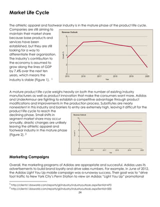 24
Market Life Cycle
The athletic apparel and footwear industry is in the mature phase of the product life cycle.
Companies are still aiming to
maintain their market share
because base products and
services have been
established, but they are still
looking for a way to
differentiate their organization.
The industry’s contribution to
the economy is assumed to
grow along the lines of GDP
by 7.4% over the next ten
years, which means the
industry is stable (Figure 1). 1
A mature product life cycle weighs heavily on both the number of existing industry
manufacturers as well as product innovation that make the consumers want more. Adidas
and UnderArmour are fighting to establish a competitive advantage through product
modifications and improvements in the production process. Substitutes are nearly
nonexistent in this industry and barriers to entry are extremely high, leaving it difficult for the
product life cycle to reach the
declining phase. Small shifts in
segment market share may occur
annually, drastic changes are unlikely
leaving the athletic apparel and
footwear industry in the mature phase
(Figure 2). 2
Marketing Campaigns
Overall, the marketing programs of Adidas are appropriate and successful. Adidas uses its
advertisements to build brand loyalty and drive sales numbers. For example, in June of 2012,
the Adidas Light You Up mobile campaign was a runaway success. Their goal was to “drive
foot traffic to New York City’s Penn Station to view an Adidas “Light You Up” promotional
1
http://clients1.ibisworld.com/reports/gl/industry/industryoutlook.aspx?entid=470
2
http://clients1.ibisworld.com/reports/gl/industry/industryoutlook.aspx?entid=500
 