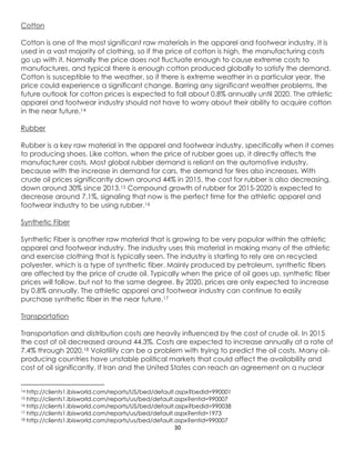 30
Cotton
Cotton is one of the most significant raw materials in the apparel and footwear industry. It is
used in a vast majority of clothing, so if the price of cotton is high, the manufacturing costs
go up with it. Normally the price does not fluctuate enough to cause extreme costs to
manufactures, and typical there is enough cotton produced globally to satisfy the demand.
Cotton is susceptible to the weather, so if there is extreme weather in a particular year, the
price could experience a significant change. Barring any significant weather problems, the
future outlook for cotton prices is expected to fall about 0.8% annually until 2020. The athletic
apparel and footwear industry should not have to worry about their ability to acquire cotton
in the near future.14
Rubber
Rubber is a key raw material in the apparel and footwear industry, specifically when it comes
to producing shoes. Like cotton, when the price of rubber goes up, it directly affects the
manufacturer costs. Most global rubber demand is reliant on the automotive industry,
because with the increase in demand for cars, the demand for tires also increases. With
crude oil prices significantly down around 44% in 2015, the cost for rubber is also decreasing,
down around 30% since 2013.15 Compound growth of rubber for 2015-2020 is expected to
decrease around 7.1%, signaling that now is the perfect time for the athletic apparel and
footwear industry to be using rubber.16
Synthetic Fiber
Synthetic Fiber is another raw material that is growing to be very popular within the athletic
apparel and footwear industry. The industry uses this material in making many of the athletic
and exercise clothing that is typically seen. The industry is starting to rely ore on recycled
polyester, which is a type of synthetic fiber. Mainly produced by petroleum, synthetic fibers
are affected by the price of crude oil. Typically when the price of oil goes up, synthetic fiber
prices will follow, but not to the same degree. By 2020, prices are only expected to increase
by 0.8% annually. The athletic apparel and footwear industry can continue to easily
purchase synthetic fiber in the near future.17
Transportation
Transportation and distribution costs are heavily influenced by the cost of crude oil. In 2015
the cost of oil decreased around 44.3%. Costs are expected to increase annually at a rate of
7.4% through 2020.18 Volatility can be a problem with trying to predict the oil costs. Many oil-
producing countries have unstable political markets that could affect the availability and
cost of oil significantly. If Iran and the United States can reach an agreement on a nuclear
14 http://clients1.ibisworld.com/reports/US/bed/default.aspx?bedid=990001
15 http://clients1.ibisworld.com/reports/us/bed/default.aspx?entid=990007
16 http://clients1.ibisworld.com/reports/US/bed/default.aspx?bedid=990038
17 http://clients1.ibisworld.com/reports/us/bed/default.aspx?entid=1973
18 http://clients1.ibisworld.com/reports/us/bed/default.aspx?entid=990007
 