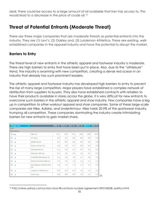 31
deal, there could be access to a large amount of oil available that Iran has access to. This
would lead to a decrease in the price of crude oil.19
Threat of Potential Entrants (Moderate Threat)
There are three major companies that are moderate threats as potential entrants into the
industry. They are (1) Levi’s; (2) Oakley and; (3) Lululemon Athletica. These are existing, well-
established companies in the apparel industry and have the potential to disrupt the market.
Barriers to Entry
The threat level of new entrants in the athletic apparel and footwear industry is moderate.
There are high barriers to entry that have been put in place. Also, due to the “athleisure”
trend, the industry is swarming with new competitors, creating a dense red ocean in an
industry that already has such prominent leaders.
The athletic apparel and footwear industry has developed high barriers to entry to prevent
the rise of many large competitors. Major players have established a complex network of
distribution from suppliers to buyers. They also have established contracts with retailers to
have their products available in stores across the globe. It is very difficult for new entrants to
overcome such barriers in the athletic apparel and shoe industry. Few companies have a leg
up in competition to other workout apparel and shoe companies. Some of these large-scale
companies are Nike, Adidas, and UnderArmour. Nike holds 20.9% of the sportswear industry,
trumping all competitors. These companies dominating the industry create intimidating
barriers for new entrants to gain market share.
20
19 http://news.yahoo.com/us-iran-race-fill-contours-nuclear-agreement-095104258--politics.html
 
