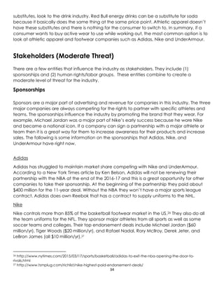 34
substitutes, look to the drink industry. Red Bull energy drinks can be a substitute for soda
because it basically does the same thing at the same price point. Athletic apparel doesn’t
have these substitutes and there is nothing for the consumer to switch to. In summary, if a
consumer wants to buy active wear to use while working out, the most common option is to
look at athletic apparel and footwear companies such as Adidas, Nike and UnderArmour.
Stakeholders (Moderate Threat)
There are a few entities that influence the industry as stakeholders. They include (1)
sponsorships and (2) human rights/labor groups. These entities combine to create a
moderate level of threat for the industry.
Sponsorships
Sponsors are a major part of advertising and revenue for companies in this industry. The three
major companies are always competing for the rights to partner with specific athletes and
teams. The sponsorships influence the industry by promoting the brand that they wear. For
example, Michael Jordan was a major part of Nike’s early success because he wore Nike
and became a national icon. If a company can sign a partnership with a major athlete or
team then it is a great way for them to increase awareness for their products and increase
sales. The following is some information on the sponsorships that Adidas, Nike, and
UnderArmour have right now.
Adidas
Adidas has struggled to maintain market share competing with Nike and UnderArmour.
According to a New York Times article by Ken Belson, Adidas will not be renewing their
partnership with the NBA at the end of the 2016-17 and this is a great opportunity for other
companies to take their sponsorship. At the beginning of the partnership they paid about
$400 million for the 11-year deal. Without the NBA they won’t have a major sports league
contract. Adidas does own Reebok that has a contract to supply uniforms to the NHL.
Nike
Nike controls more than 85% of the basketball footwear market in the US.26 They also do all
the team uniforms for the NFL. They sponsor major athletes from all sports as well as some
soccer teams and colleges. Their top endorsement deals include Michael Jordan ($60
million/yr), Tiger Woods ($20 million/yr), and Rafael Nadal, Rory Mcllroy, Derek Jeter, and
LeBron James (all $10 million/yr).27
26 http://www.nytimes.com/2015/03/17/sports/basketball/adidas-to-exit-the-nba-opening-the-door-to-
rivals.html
27 http://www.tsmplug.com/richlist/nike-highest-paid-endorsement-deals/
 