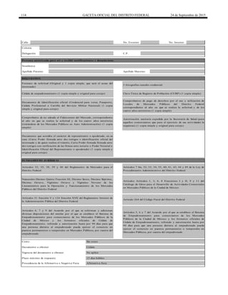 114 GACETA OFICIAL DEL DISTRITO FEDERAL 24 de Septiembre de 2015
Calle
Plazo máximo de respuesta 15 días hábiles
Cédula de empadronamiento (1 copia simple y original para cotejo) Clave Única de Registro de Población (CURP) (1 copia simple)
Persona autorizada para oír y recibir notificaciones y documentos
Nombre(s)
3 fotografías tamaño credencial
Sin costoCosto:
Afirmativa ficta
Documento a obtener
Apellido Paterno Apellido Materno
Cédula
Vigencia del documento a obtener No aplica
Documento de Identificación oficial (Credencial para votar, Pasaporte,
Cédula Profesional o Cartilla del Servicio Militar Nacional) (1 copia
simple y original para cotejo)
REQ UISITO S
Formato de solicitud (Original y 1 copia simple, que será el acuse del
interesado)
C.P.
No. Exterior
Colonia
No. Interior
Delegación
Procedencia de la Afirmativa o Negativa Ficta
Comprobantes de pago de derechos por el uso y utilización de
Locales de Mercados Públicos del Distrito Federal
correspondiente al año en que se realiza la solicitud y de los
cuatro años anteriores (1 copia simple)
Comprobante de no adeudo al Fideicomiso del Mercado, correspondiente
al año en que se realiza la solicitud y de los cuatro años anteriores
(tratándose de los Mercados Públicos en Auto Administración) (1 copia
simple)
Autorización sanitaria expedida por la Secretaría de Salud (para
aquellos comerciantes que para el ejercicio de sus actividades la
requieran) (1 copia simple y original para cotejo)
Numerales Décimo Quinto Fracción III, Décimo Sexto, Décimo Séptimo,
Décimo Octavo, Vigésimo Octavo y Vigésimo Noveno de los
Lineamientos para la Operación y Funcionamiento de los Mercados
Públicos del Distrito Federal
FUNDAMENTO JURÍDICO
Artículos 32, 35, 38, 39 y 40 del Reglamento de Mercados para el
Distrito Federal
Artículos 6, 7 y 9 del Acuerdo por el que se reforman y adicionan
diversas disposiciones del similar por el que se establece el Sistema de
Empadronamiento para comerciantes de los Mercados Públicos de la
Ciudad de México y los formatos oficiales de Cédula de
Empadronamiento, refrendo y autorización hasta por 90 días para que
una persona distinta al empadronado pueda ejercer el comercio en
puestos permanentes o temporales en Mercados Públicos, por cuenta del
empadronado
Artículo 264 del Código Fiscal del Distrito Federal
Artículos Artículos 1, 3, 6, 8 Fracciones I y II, 9 y 11 del
Catálogo de Giros para el Desarrollo de Actividades Comerciales
en Mercados Públicos de la Ciudad de México
Artículos 7 bis, 32, 33, 34, 35, 40, 41, 42, 44 y 49 de la Ley de
Procedimiento Administrativo del Distrito Federal
Documento que acredita el carácter de representante o apoderado, en su
caso (Carta Poder firmada ante dos testigos e identificación oficial del
interesado y de quien realiza el trámite, Carta Poder firmada firmada ante
dos testigos con ratificación de las firmas ante notario o Poder Notarial e
Identificación Oficial del Representante o apoderado) (1 copia simple y
original para cotejo)
Artículos 51 fracción V y 124 fracción XVII del Reglamento Interior de
la Administración Pública del Distrito Federal
Artículos 5, 6 y 7 del Acuerdo por el que se establece el Sistema
de Empadronamiento para comerciantes de los Mercados
Públicos de la Ciudad de México y los formatos oficiales de
Cédula de Empadronamiento, refrendo y autorización hasta por
90 días para que una persona distinta al empadronado pueda
ejercer el comercio en puestos permanentes o temporales en
Mercados Públicos, por cuenta del empadronado
 