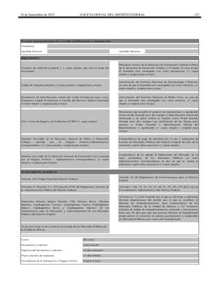 24 de Septiembre de 2015 GACETA OFICIAL DEL DISTRITO FEDERAL 127
FUNDAMENTO JURÍDICO
Artículos 51 fracción V y 124 fracción XVII del Reglamento Interior de
la Administración Pública del Distrito Federal.
Artículos 7 bis, 32, 33, 34, 35, 40, 41, 42, 44 y 89 de la Ley de
Procedimiento Administrativo del Distrito Federal.
15 días hábilesPlazo máximo de respuesta
Artículo 28 del Reglamento de Construcciones para el Distrito
Federal.
Costo: Sin costo
Procedencia de la Afirmativa o Negativa Ficta Negativa ficta
Documento a obtener Autorización
Aviso por el que se da a conocer el Listado de los Mercados Públicos de
la Ciudad de México.
Comprobante de no adeudo al Fideicomiso del Mercado, en su
caso, (tratándose de los Mercados Públicos en Auto
Administración) correspondiente al año en que se realiza la
solicitud y cuatro años anteriores (1 copia simple).
Artículo 264 Código Fiscal del Distrito Federal.
Vigencia del documento a obtener
Persona autorizada para oír y recibir notificaciones y documentos
Nombre(s)
Documento que acredita el carácter de representante o apoderado
(Carta Poder firmada ante dos testigos e identificación oficial del
interesado y de quien realiza el trámite, Carta Poder firmada
firmada ante dos testigos con ratificación de las firmas ante
notario o Poder Notarial e Identificación Oficial del
Representante o apoderado) (1 copia simple y original para
cotejo)
10 días naturales
Numerales Décimo Quinto fracción VIII, Décimo Sexto, Décimo
Séptimo, Cuadragésimo Tercero, Cuadragésimo Cuarto, Cuadragésimo
Quinto, Cuadragésimo Sexto y Cuadragésimo Séptimo de los
Lineamientos para la Operación y Funcionamiento de los Mercados
Públicos del Distrito Federal.
Apellido Paterno Apellido Materno
Cédula de empadronamiento (1copia simple y original para cotejo)
REQ UISITO S
Clave Única de Registro de Población (CURP) (1 copia simple)
Documento de Identificación oficial del titular (Credencial para votar,
Pasaporte, Cédula Profesional o Cartilla del Servicio Militar Nacional)
(1copia simple y original para cotejo)
Opinión favorable de la Dirección General de Protección Civil, emitida
por el Órgano Político - Administrativo correspondiente. (1 copia
simple y original para cotejo)
Autorización del Instituto Nacional de Antropología e Historia,
en caso de que el inmueble esté catalogado con valor histórico. (1
copia simple y original para cotejo
Opinión favorable de la Dirección General de Obras y Desarrollo
Urbano, emitida por el Órgano Político-Administrativo
correspondiente. (1 copia simple y original para cotejo)
Autorización del Instituto Nacional de Bellas Artes, en caso de
que el inmueble esté catalogado con valor artístico. (1 copia
simple y original para cotejo)
Artículos 6, 7 y 9 del Acuerdo por el que se reforman y adicionan
diversas disposiciones del similar por el que se establece el
Sistema de Empadronamiento para Comerciantes de los
Mercados Públicos de la Ciudad de México y los Formatos
oficiales de cédula de empadronamiento, refrendo y autorización
hasta por 90 días para que una persona distinta al empadronado
pueda ejercer el comercio en puestos permanentes o temporales
en Mercados Públicos, por cuenta del empadronado.
Dictamen técnico de la Dirección de Patrimonio Cultural Urbano
de la Secretaría de Desarrollo Urbano y Vivienda, en caso de que
el inmueble esté catalogado con valor patrimonial. (1 copia
simple y original para cotejo)
Formato de solicitud (original y 1 copia simple, que será el acuse del
interesado)
Comprobantes de pago de derechos por el uso y utilización de
Locales de Mercados Públicos del Distrito Federal del año de la
solicitud y cuatro años anteriores (1 copia simple)
 
