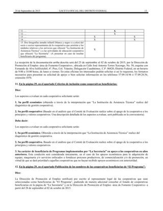 24 de Septiembre de 2015 GACETA OFICIAL DEL DISTRITO FEDERAL 13
11. … X
12. … X
13. … X X
14. … X X
15. Dos fotografías tamaño infantil (blanco y negro o a color) del
socio o socios representantes de la cooperativa que asistirán a los
módulos relativos a los servicios que ofrecerá “La Institución de
Asistencia Técnica” y a las actividades de educación cooperativa
que ofrecerá “La Secretaría”. (A presentar en caso de resultar
beneficiaría del programa).
X
La recepción de la documentación arriba descrita será del 25 de septiembre al 02 de octubre de 2015, por la Dirección de
Promoción al Empleo -área de Fomento Cooperativo-, ubicada en Calle José Antonio Torres Xocongo, No. 58, esquina con
Fernando de Alva Ixtlilxóchitl, 6º. Piso, Col. Tránsito, Delegación Cuauhtémoc, C.P. 06820, Distrito Federal, en un horario
de 9:00 a 14:00 horas, de lunes a viernes. En estas oficinas los interesados podrán solicitar si así lo requieren, los formatos
necesarios para presentar su solicitud de apoyo o bien solicitar información en los teléfonos 57.09.14.94 ó 57.09.28.56,
extensión 1070.
11. En la página 29, en el apartado Criterios de inclusión como cooperativas beneficiarias:
Dice:
Los aspectos a evaluar en cada cooperativa solicitante serán:
1. Su perfil económico (obtenido a través de la interpretación que “La Institución de Asistencia Técnica” realice del
diagnóstico de gestión cooperativa).
2. Su perfil cooperativo (Basado en el análisis que el Comité de Evaluación realice sobre el apego de la cooperativa a los
principios y valores cooperativos. Una descripción detallada de los aspectos a evaluar, será publicada en la convocatoria).
Debe decir:
Los aspectos a evaluar en cada cooperativa solicitante serán:
1. Su perfil económico. Obtenido a través de la interpretación que “La Institución de Asistencia Técnica” realice del
diagnóstico de gestión cooperativa.
2. Su perfil cooperativo. Basado en el análisis que el Comité de Evaluación realice sobre el apego de la cooperativa a los
principios y valores cooperativos.
3. Su carácter de beneficiaria de Programas implementados por “La Secretaría” en apoyo a las cooperativas en años
anteriores. Esta condición será considerada únicamente, en el caso de los apoyos económicos para la adquisición de
equipo, maquinaria y/o servicios enfocados a fortalecer procesos productivos, de comercialización y/o de promoción, en
virtud de que se dará prioridad a aquellas cooperativas que no hayan recibido apoyos económicos con anterioridad.
12. En la página 29, en el apartado Publicación de los nombres de las cooperativas beneficiarias de “El Programa”:
Dice:
La Dirección de Promoción al Empleo notificará por escrito al representante legal de las cooperativas que sean
seleccionadas como beneficiarias de “El Programa”, pudiendo de manera adicional consultar el listado de cooperativas
beneficiarias en la página de “La Secretaría” y en la Dirección de Promoción al Empleo -área de Fomento Cooperativo- a
partir del 28 de septiembre al 02 de octubre de 2015.
 