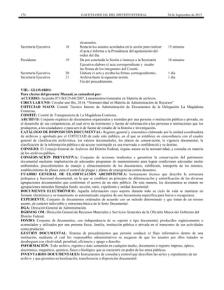174 GACETA OFICIAL DEL DISTRITO FEDERAL 24 de Septiembre de 2015
alcanzados.
Secretaría Ejecutiva 18 Redacta los asuntos acordados en la sesión para realizar 15 minutos
el acta e informa a la Presidencia del agotamiento del
orden del día.
Presidente 19 Da por concluida la Sesión e instruye a la Secretaría 10 minutos
Ejecutiva elabore el acta correspondiente y recabe
las firmas de los integrantes del Comité.
Secretaría Ejecutiva 20 Elabora el acta y recaba las firmas correspondientes. 1 día
Secretaría Ejecutiva 21 Archiva hasta la siguiente sesión. 1 día
Fin del procedimiento.
VIII.- GLOSARIO:
Para efectos del presente Manual, se entenderá por:
ACUERDO: Acuerdo 073/SO/25-04/2007, Lineamientos Generales en Materia de archivos.
CIRCULAR UNO: Circular uno Bis, 2014, “Normatividad en Materia de Administración de Recursos”
COTECIAD MACO: Comité Técnico Interno de Administración de Documentos de la Delegación La Magdalena
Contreras.
COMITÉ: Comité de Transparencia de La Magdalena Contreras.
ARCHIVO: Conjunto orgánico de documentos organizados y reunidos por una persona o institución pública o privada, en
el desarrollo de sus competencias, el cual sirve de testimonio y fuente de información a las personas o instituciones que los
produjeron, a los ciudadanos o para servir de fuente de estudio de la historia e investigación.
CATÁLOGO DE DISPOSICIÓN DOCUMENTAL: Registro general y sistemático elaborado por la unidad coordinadora
de archivos y aprobado por el COTECIAD de cada ente público, en el que se establece en concordancia con el cuadro
general de clasificación archivística, los valores documentales, los plazos de conservación, la vigencia documental, la
clasificación de la información pública o de acceso restringido ya sea reservada o confidencial y su destino.
CONSEJO: El Consejo General de Archivos del Distrito Federal, órgano asesor en la normatividad, y consulta en materia
de los archivos público.
CONSERVACIÓN PREVENTIVA: Conjunto de acciones tendientes a garantizar la conservación del patrimonio
documental mediante implantación de adecuados programas de mantenimiento para lograr condiciones adecuadas medio
ambientales, procedimientos de manejo y almacenamiento de los documentos, exhibición, transporte de los mismos,
establecimiento de planes para el control de plagas y planes de emergencias contra desastres.
CUADRO GENERAL DE CLASIFICACIÓN ARCHIVÍSTICA: Instrumento técnico que describe la estructura
jerárquica y funcional documental, en la que se establece un principio de diferenciación y estratificación de las diversas
agrupaciones documentales que conforman el acervo de un ente público. De esta manera, los documentos se reúnen en
agrupaciones naturales llamadas fondo, sección, serie, expediente y unidad documental.
DOCUMENTO ELECTRÓNICO: Aquella información cuyo soporte durante todo su ciclo de vida se mantiene en
formato electrónico y su tratamiento es automatizado, requiere de una herramienta específica para leerse o recuperarse.
EXPEDIENTE. Conjunto de documentos ordenados de acuerdo con un método determinado y que tratan de un mismo
asunto, de carácter indivisible y estructura básica de la Serie Documental.
DGA: Dirección General de Administración.
DGRMSG OM: Dirección General de Recursos Materiales y Servicios Generales de la Oficialía Mayor del Gobierno del
Distrito Federal.
FONDO: Conjunto de documentos, con independencia de su soporte o tipo documental, producidos orgánicamente o
acumulados y utilizados por una persona física, familia, institución pública o privada en el transcurso de sus actividades
como productor.
GESTIÓN DOCUMENTAL: Sistema de procedimientos que permite conducir el flujo informativo dentro de una
institución, mediante el cual los responsables administrativos se aseguran de que los asuntos por ellos tratados se
desahoguen con efectividad, prontitud, eficiencia y apego a derecho.
INFORMACIÓN: Todo archivo, registro o dato contenido en cualquier medio, documento o registro impreso, óptico,
electrónico, magnético, químico, físico o biológico que se encuentre en poder de los entes públicos.
INVENTARIOS DOCUMENTALES: Instrumentos de consulta y control que describen las series y expedientes de un
archivo y que permiten su localización, transferencia o disposición documental.
 