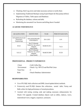 ● Checking Alert Log errors and make necessary actions to rectify them
● Implementing Traditional Backups (using Export/Import & Data pump utilities)
Migration of Tables, Table spaces and Databases
● Refreshing the database, schema and table
● Monitoring the unwanted User Session and killing them if needed
ACADEMIC PERFORMANCE
PROFESSIONAL –PROJECT EXPERIENCE
Client : Café Coffee Day
Environment : Oracle 11g / HP-UX and Red Hat Linux
Team Size : 6
Role : Oracle Database Administrator
RESPONSIBILITIES
 Use of PL/SQL bulk collection and DML (insert/update/delete) methods.
 Extensively used PL/SQL features like collections, nested table, Varray and
Bulk collect for high performance of stored procedures.
 Assisted with testing existing code and making necessary enhancements for
Oracle 11G upgrade. Created database objects such as tables, indexes, views,
materialized views, triggers, sequences, synonyms.
QUALIFICATION INSTITUTION YEAR PERCENTAGE/CGPA
B.Tech(Electrical and
Electronics
Engineering)
KALASALINGAM
UNIVERSITY
2011-2015 6.91
H.S.C
Rm P S Ramiah
Nadar Hr. Sec school
Athipatti
(state board)
MARCH-2011
74.33
S.S.L.C
Rm P S Ramiah
Nadar Hr. Sec school
Athipatti
(state board)
MARCH-2009 85.20
 