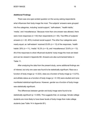 BODY IMAGE 16
Additional Findings
There was one open-ended question on the survey asking respondents
what influences their body image the most. The subjects’ answers were grouped
into five categories, including ‘social support,’ ‘self-esteem,’ ‘health habits,’
‘media,’ and ‘miscellaneous.’ Because more than one answer was allowed, there
were more responses (n = 64) than respondents (n = 55). Two-fifths of subjects’
answers (n = 22, 40%) involved social support. The other four categories were
nearly equal, as ‘self-esteem’ received 23.6% (n = 13) of the responses, ‘health
habits’ 20% (n = 11), ‘media’ 16.3% (n = 9), and ‘miscellaneous’ 23.6% (n = 13).
All of the responses to what influenced students’ body image the most are listed
and can be viewed in Appendix B2. Answers are also summarized below in
Table 11.
After analyzing the data from the present study, some additional findings are
of interest, but only one case was found to be statistically significant. Race as a
function of body image (p = 0.323), class as a function of body image (p = 0.273),
and athlete status as a function of body image (p = 0.125) were studied and none
manifested statistical significance. However, gender as a function of body image
was statistically significant.
The differences between gender and body image were found to be
statistically significant (p = 0.009). This suggests that, on average, female college
students are more likely to have lower levels of body image than male college
students (see Table 14 in Appendix B1).
 
