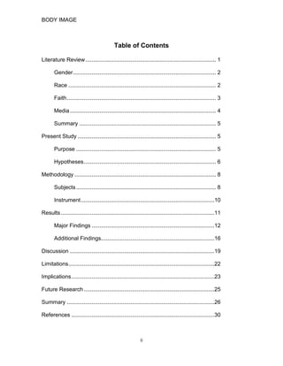 BODY IMAGE
Table of Contents
Literature Review.................................................................................... 1
Gender............................................................................................ 2
Race ............................................................................................... 2
Faith................................................................................................ 3
Media.............................................................................................. 4
Summary ........................................................................................ 5
Present Study ......................................................................................... 5
Purpose .......................................................................................... 5
Hypotheses..................................................................................... 6
Methodology ........................................................................................... 8
Subjects.......................................................................................... 8
Instrument......................................................................................10
Results...................................................................................................11
Major Findings ...............................................................................12
Additional Findings.........................................................................16
Discussion .............................................................................................19
Limitations..............................................................................................22
Implications............................................................................................23
Future Research ....................................................................................25
Summary ...............................................................................................26
References ............................................................................................30
ii
 