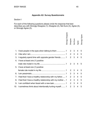BODY IMAGE 40
Appendix A3: Survey Questionnaire
Section I
For each of the following questions please circle the response that best
describes you with Strongly Disagree (1), Disagree (2), Not Sure (3), Agree (4),
or Strongly Agree (5).
1. I look people in the eyes when talking to them ................ 1 2 3 4 5
2. I like who I am.................................................................. 1 2 3 4 5
3. I regularly spend time with opposite gender friends......... 1 2 3 4 5
4. I have at least one (1) positive
male role model in my life ................................................ 1 2 3 4 5
5. I have at least one (1) positive
female role model in my life ............................................. 1 2 3 4 5
6. I am pessimistic................................................................ 1 2 3 4 5
7. I feel that I have a healthy relationship with my father...... 1 2 3 4 5
8. I feel that I have a healthy relationship with my mother ... 1 2 3 4 5
9. I am confident when faced with a new task...................... 1 2 3 4 5
10. I sometimes think about intentionally hurting myself........ 1 2 3 4 5
StronglyDisagree
Disagree
NotSure
Agree
StronglyAgree
 