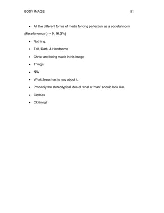 BODY IMAGE 51
• All the different forms of media forcing perfection as a societal norm
Miscellaneous (n = 9, 16.3%)
• Nothing.
• Tall, Dark, & Handsome
• Christ and being made in his image
• Things
• N/A
• What Jesus has to say about it.
• Probably the stereotypical idea of what a “man” should look like.
• Clothes
• Clothing?
 