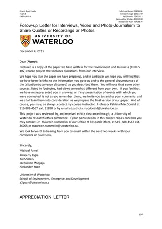 Graduation Letter Uwaterloo Grand River Foods Waste Management Project Proposal | DOCX