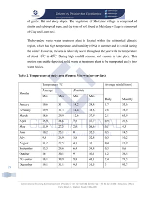 Generational Training & Development (Pty) Ltd |Tel: +27 10 591 2193| Fax: +27 86 621 8398| Beaulieu Office
Park; Block 1; Stallion Road; KYALAMI
29
of gentle, flat and steep slopes. The vegetation of Muledane village is comprised of
shrubs and subtropical trees, and the type of soil found at Muledane village is composed
of Clay and Loam soil.
Thohoyandou waste water treatment plant is located within the subtropical climatic
region, which has high temperature, and humidity (60%) in summer and it is mild during
the winter. However, the area is relatively warm throughout the year with the temperature
of about 160
C to 400
C. During high rainfall seasons, soil erosion to take place. This
erosion can enable deposited solid waste at treatment plant to be transported easily into
water bodies.
Table 2. Temperature at study area (Source: Meo weather services)
Months
Temperature ⁰C Average rainfall (mm)
Average Absolute
Daily Monthly
Min Max Min Max
January 19,6 31 14,2 38,8 1,7 53,6
February 19,9 31,3 14,4 38,6 2,8 78,9
March 18,6 29,9 12,6 37,9 2,1 65,9
April 15,9 28,6 7,5 37,7 0,9 27,6
May 11,9 27,3 2,6 36,6 0,1 4,3
June 10,2 25,1 0 32,3 0,5 14,5
July 9,4 24,9 3,8 32,8 0,3 10,2
August 11,2 27,5 4,1 37 0,4 12,9
September 13,5 29,6 6,4 39,8 0,3 8,6
October 16 30,1 9 40,1 1,2 36,4
November 18,1 30,9 9,8 41,1 2,4 71,3
December 19,1 31,1 9,5 31,5 3 93,7
 