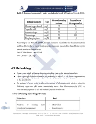 Generational Training & Development (Pty) Ltd |Tel: +27 10 591 2193| Fax: +27 86 621 8398| Beaulieu Office
Park; Block 1; Stallion Road; KYALAMI
39
Table 3: Proposed standards by water specialists in South Africa (van Niekerk, 2000)
According to van Niekerk, (2000), the new standards reached for the faecal chloroform
and free chlorinedue to public health considerations and impact of the free chlorine on the
natural aquatic environment are:
FaecalChloroform ≤ 100#/100ml
Free Chlorine ≤ 0.1mg/l
4.9 Methodology
 Draw a map which will show the proximity of the river to the waste disposal site.
 Draw a geological map which show the proximity of the soil to see effects of penetration
to the groundwater
 Do analysis of waste water to check the amount of phosphates and nitrates, using the
following apparatus: pH meter, conductivity meter, Gas Chromatography (GC) or
relevant lab equipment to test the elements present in the waste.
Table 4: Depicting methodology structure
Objectives Tool
Analysis of existing plant
operational management
- Observation
- Questionnaires
 