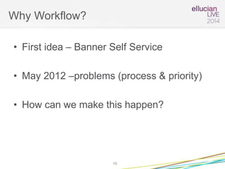 Why Workflow?
• First idea – Banner Self Service
• May 2012 –problems (process & priority)
• How can we make this happen?
10
 