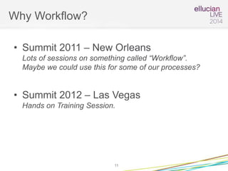 Why Workflow?
• Summit 2011 – New Orleans
Lots of sessions on something called “Workflow”.
Maybe we could use this for some of our processes?
• Summit 2012 – Las Vegas
Hands on Training Session.
11
 