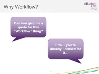 Why Workflow?
12
Can you give me a
quote for this
“Workflow” thing?
Erm… you’re
already licensed for
it…
 