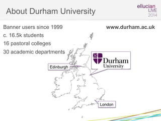 About Durham University
4
London
Edinburgh
Banner users since 1999
c. 16.5k students
16 pastoral colleges
30 academic departments
www.durham.ac.uk
 