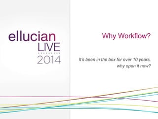 Why Workflow?
It’s been in the box for over 10 years,
why open it now?
 