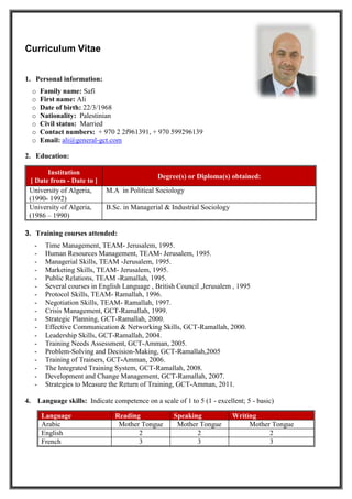 Curriculum Vitae
1. Personal information:
o Family name: Safi
o First name: Ali
o Date of birth: 22/3/1968
o Nationality: Palestinian
o Civil status: Married
o Contact numbers: + 970 2 2f961391, + 970 599296139
o Email: ali@general-gct.com
2. Education:
Institution
[ Date from - Date to ]
Degree(s) or Diploma(s) obtained:
University of Algeria,
(1990- 1992)
M.A in Political Sociology
University of Algeria,
(1986 – 1990)
B.Sc. in Managerial & Industrial Sociology
3. Training courses attended:
- Time Management, TEAM- Jerusalem, 1995.
- Human Resources Management, TEAM- Jerusalem, 1995.
- Managerial Skills, TEAM -Jerusalem, 1995.
- Marketing Skills, TEAM- Jerusalem, 1995.
- Public Relations, TEAM -Ramallah, 1995.
- Several courses in English Language , British Council ,Jerusalem , 1995
- Protocol Skills, TEAM- Ramallah, 1996.
- Negotiation Skills, TEAM- Ramallah, 1997.
- Crisis Management, GCT-Ramallah, 1999.
- Strategic Planning, GCT-Ramallah, 2000.
- Effective Communication & Networking Skills, GCT-Ramallah, 2000.
- Leadership Skills, GCT-Ramallah, 2004.
- Training Needs Assessment, GCT-Amman, 2005.
- Problem-Solving and Decision-Making, GCT-Ramallah,2005
- Training of Trainers, GCT-Amman, 2006.
- The Integrated Training System, GCT-Ramallah, 2008.
- Development and Change Management, GCT-Ramallah, 2007.
- Strategies to Measure the Return of Training, GCT-Amman, 2011.
4. Language skills: Indicate competence on a scale of 1 to 5 (1 - excellent; 5 - basic)
Language Reading Speaking Writing
Arabic Mother Tongue Mother Tongue Mother Tongue
English 2 2 2
French 3 3 3
 