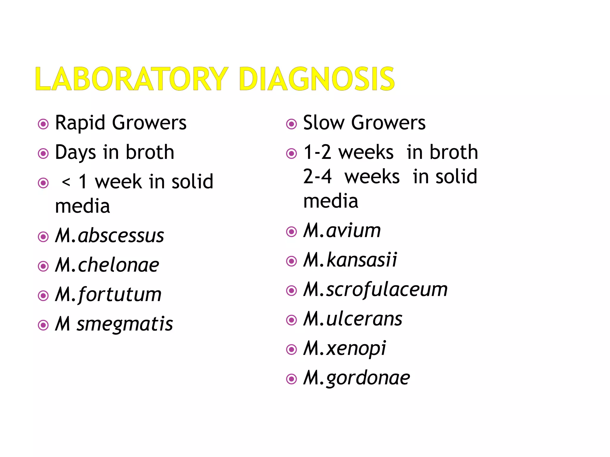  Rapid Growers
 Days in broth
 < 1 week in solid
media
 M.abscessus
 M.chelonae
 M.fortutum
 M smegmatis
 Slow Growers
 1-2 weeks in broth
2-4 weeks in solid
media
 M.avium
 M.kansasii
 M.scrofulaceum
 M.ulcerans
 M.xenopi
 M.gordonae
 