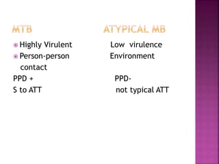  Highly Virulent Low virulence
 Person-person Environment
contact
PPD + PPD-
S to ATT not typical ATT
 