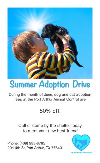 Summer Adoption Drive
Phone: (409) 983-8785
201 4th St, Port Arthur, TX 77640
During the month of June, dog and cat adoption
fees at the Port Arthur Animal Control are
50% off!
Call or come by the shelter today
to meet your new best friend!
 