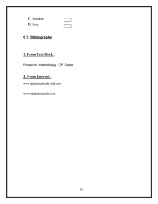 54
C. Excellent
D. Poor
6.3 Bibliography
1. From Text Book :
Research methodology CP Gupta
2. From Internet :
www.iginternationalpvtltd.com
www.marketresearch.com
 