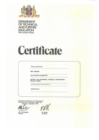 Dru Hodges Certificate in Fitting and Machining
