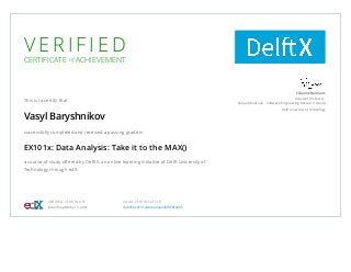 V E R I F I E D
CERTIFICATE of ACHIEVEMENT
This is to certify that
Vasyl Baryshnikov
successfully completed and received a passing grade in
EX101x: Data Analysis: Take it to the MAX()
a course of study oﬀered by DelftX, an online learning initiative of Delft University of
Technology through edX.
Félienne Hermans
Assistant Professor
Spreadsheet Lab - Software Engineering Research Group
Delft University of Technology
VERIFIED CERTIFICATE
Issued September 2, 2016
VALID CERTIFICATE ID
de6656ed13124bc2a9aa430f95bf0295
 