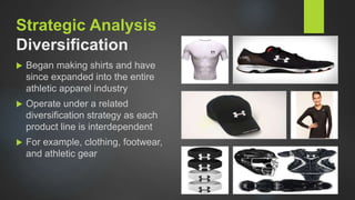  Began making shirts and have
since expanded into the entire
athletic apparel industry
 Operate under a related
diversification strategy as each
product line is interdependent
 For example, clothing, footwear,
and athletic gear
Strategic Analysis
Diversification
 