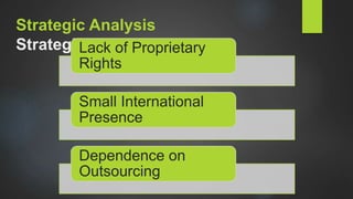 Strategic Analysis
Strategic ProblemsLack of Proprietary
Rights
Small International
Presence
Dependence on
Outsourcing
 