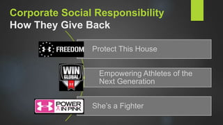 Protect This House
Empowering Athletes of the
Next Generation
She’s a Fighter
Corporate Social Responsibility
How They Give Back
 