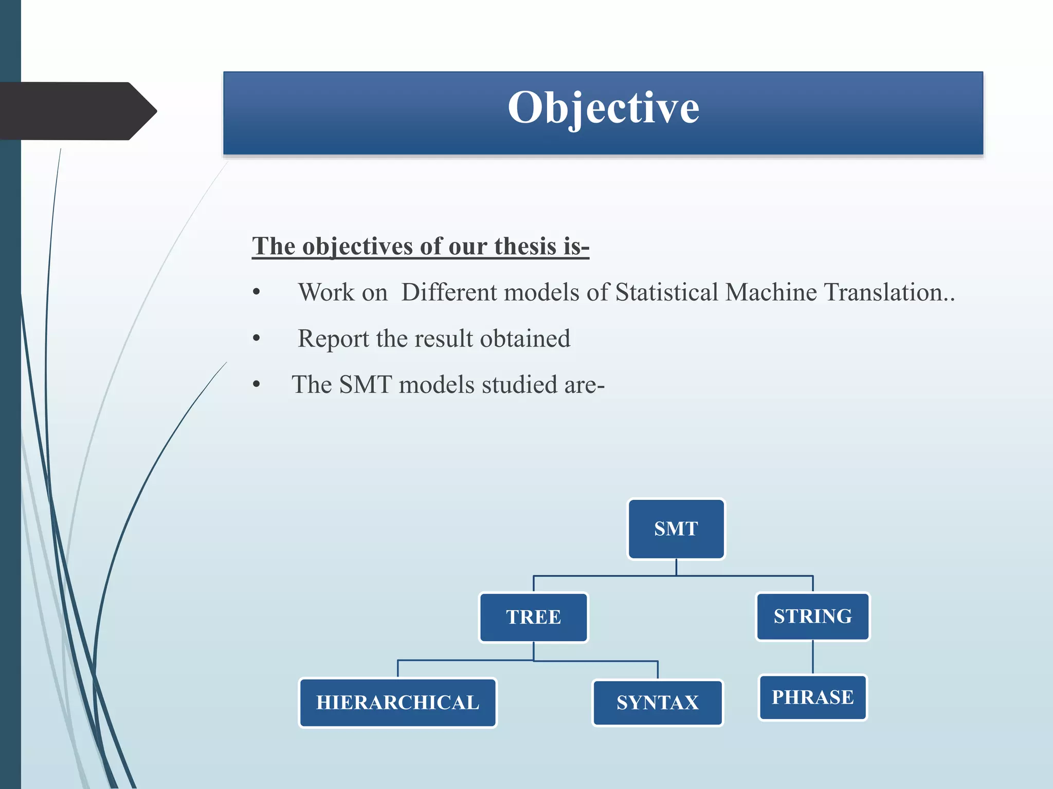 Objective
The objectives of our thesis is-
• Work on Different models of Statistical Machine Translation..
• Report the result obtained
• The SMT models studied are-
SMT
TREE
HIERARCHICAL SYNTAX
STRING
PHRASE
 