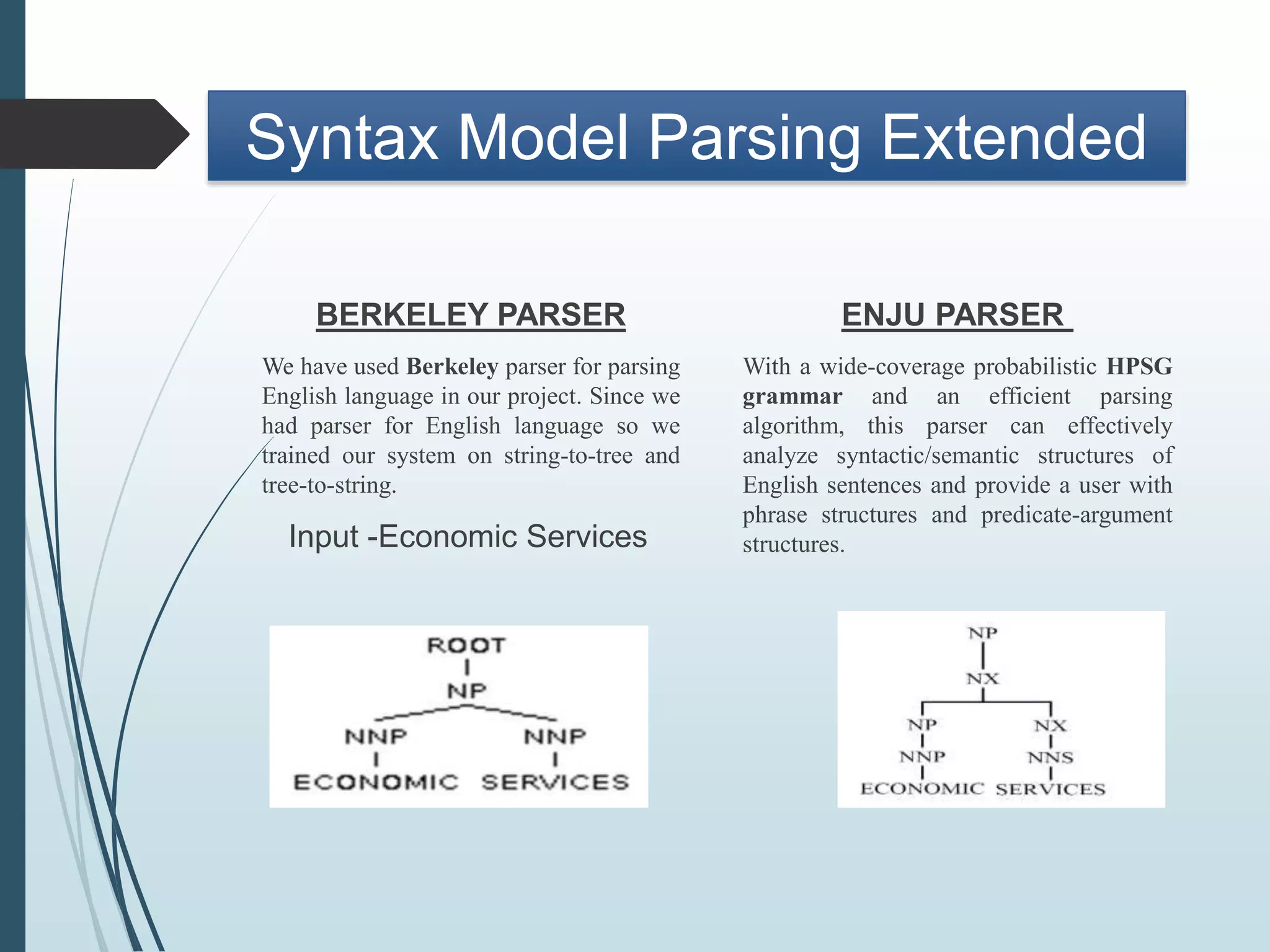 Syntax Model Parsing Extended
BERKELEY PARSER
We have used Berkeley parser for parsing
English language in our project. Since we
had parser for English language so we
trained our system on string-to-tree and
tree-to-string.
Input -Economic Services
ENJU PARSER
With a wide-coverage probabilistic HPSG
grammar and an efficient parsing
algorithm, this parser can effectively
analyze syntactic/semantic structures of
English sentences and provide a user with
phrase structures and predicate-argument
structures.
 